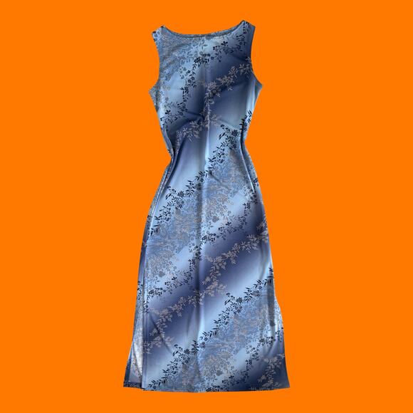 Dawn Joy Fashions Dresses & Skirts - 90's vintage blue paisley floral bodycon high slit maxi dress MEDIUM